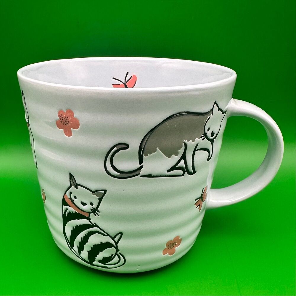 Prima Design Debossed Ceramic Cat Mug Ribbed Textured Etched Coffee Cup